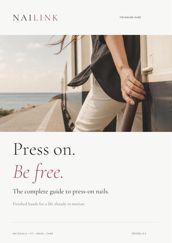 NAILINK guide cover with the website's coastal lifestyle image, Press on. Be free., and Cormorant Garamond typography
