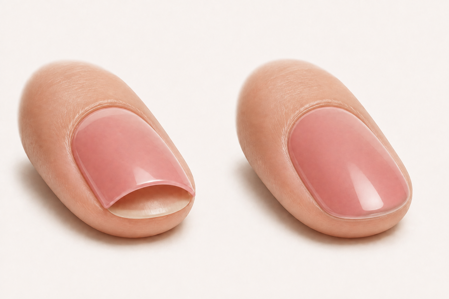 Two fingertip fitting models: the deeper rose press-on on the left leaves a visible central gap; the right keeps a natural arch with a closer curve match