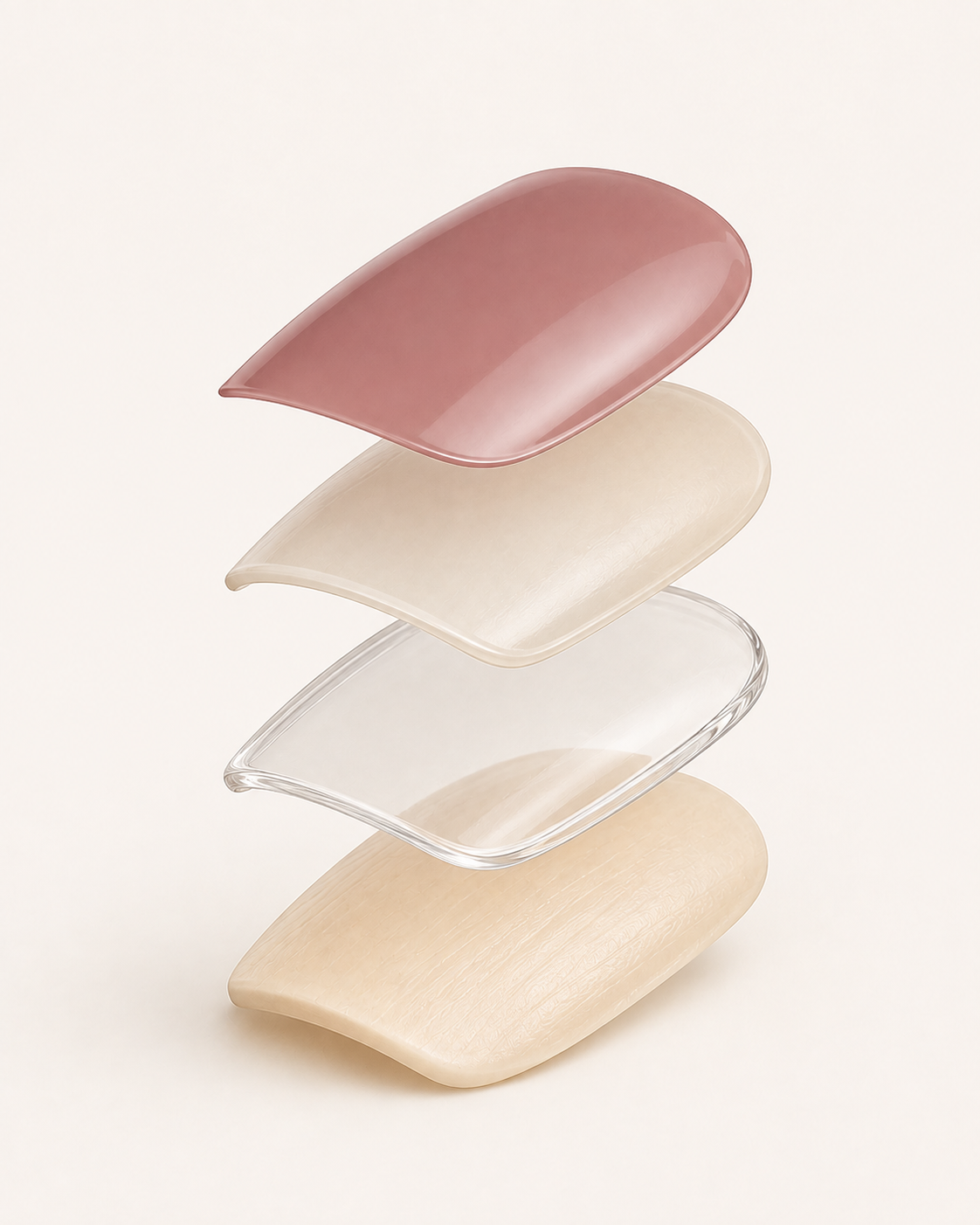 Exploded nail-shaped layers, from top to bottom: rose gel finish, pale PMMA base, transparent jelly tab and natural nail