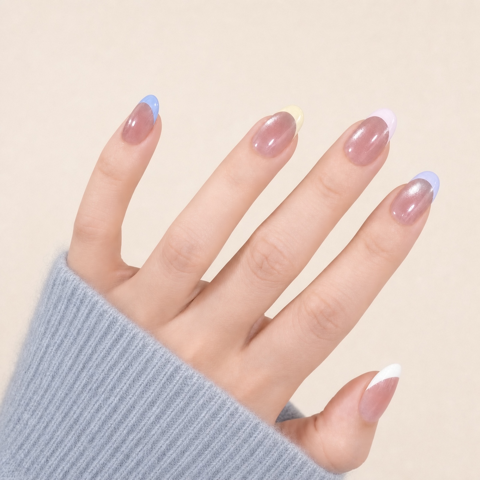 Pastel Cat-Eye French Almond press-on nails