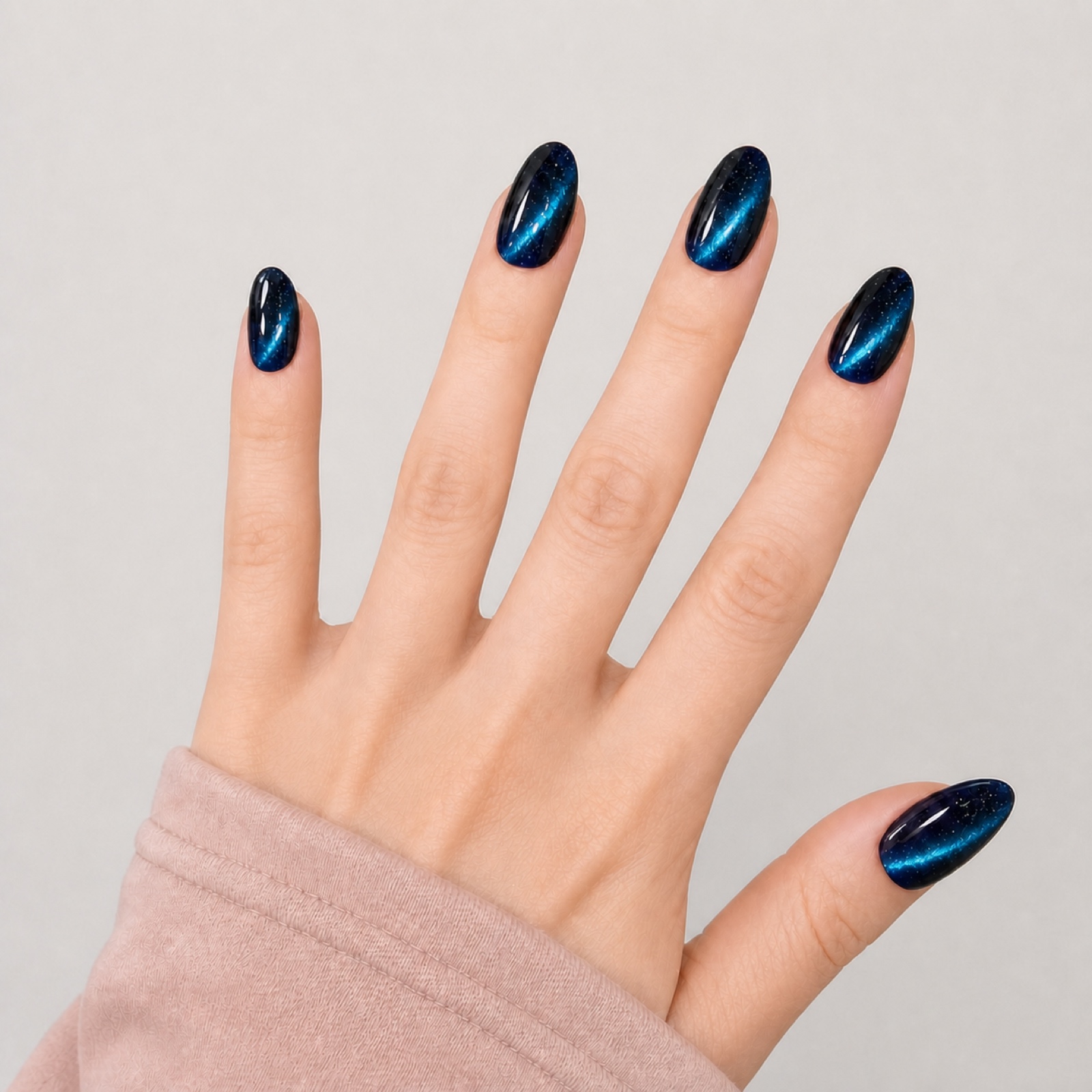Midnight Cat Eye Almond press-on nails