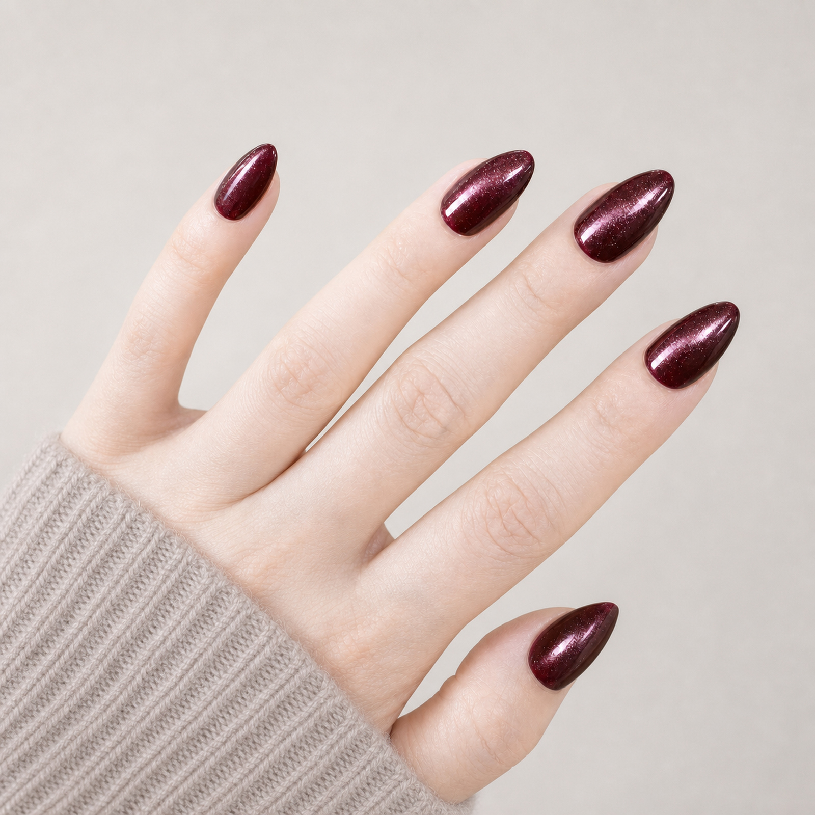 Burgundy Cat Eye Almond press-on nails
